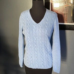 Donnell marled light blue 100% cotton V neck cable front sweater. Size 38; 6/med